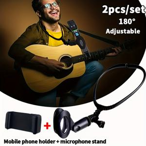 TEMU 1세트 핸즈프리 마이크 스탠드 & 폰 거치대, 조절 가능한 넥 클립 – 연설, 노래, 기타 연주, MC, 야외 라이브 스트리밍 및 블로깅용 | 퍼포머, 매직쇼, 팬토마임에 필수 아이템 | 마이크, 휴대폰, 스포츠 카메라 호환 가능