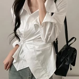 TEMU 2025 봄/여름/가을 한국식 불규칙 허리 강조 패션 셔츠 긴팔 탑, 라이트 럭셔리 영국식 여성 봄 불규칙 루즈 디자인 심플 엘레강트 탑 트렌디 다용도, 크로스백 버튼 불규칙 셔츠 여성 봄 신상 프렌치 스타일 허리 강조 긴팔 탑, 핫 긴팔 셔츠 가을 불규칙 허리 강조 신상 니치 탑 디자인 여성 109