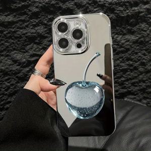 TEMU 블루 퀵샌드 체리 패턴 미러 폰 케이스 – 아이폰 16/16 프로/16 플러스/16E, 플러스/15 프로/15 프로 맥스, 14/14 플러스/14 프로/14 프로 맥스, 13/13 프로/13 프로 맥스, 12/12 프로/12 프로 맥스, 11/11 프로/11 프로 맥스용 – 스타일리시하고 내구성 있는 낙하 방지 디자인