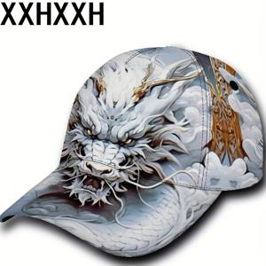TEMU 1pc 강력한 흰색 용의 머리 그래픽 힙합 야구 모자 - 조절 가능한 거리 스타일 크기, 멋진 패턴 스포츠 헤드기어, 패션 액세서리, 크리스마스 선물, 기계 세척 가능한 폴리에스터