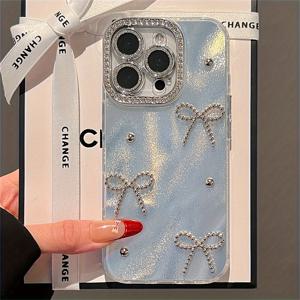 TEMU 아이폰 16 15 14 프로 맥스 플러스용 럭셔리 반짝이 보우노트 라인스톤 폰 케이스, 렌즈 보호 백 커버