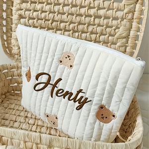 TEMU 1개 자수 맞춤형 이름, 대용량 기저귀 정리함과 다기능 메이크업 파우치가 있는 귀여운 곰돌이 & 토끼 디자인 여행 토트백