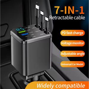 TEMU 7-in-1 텔레스코픽 차량용 충전기 120W 고속 충전 USB 타입-C 전원 어댑터 및 LED 리트랙터블 케이블, 아이폰 16/15 플러스/프로 맥스, 갤럭시 S23/S22, 픽셀 및 기타 폰 및 태블릿 호환