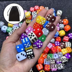 TEMU 100개 랜덤 컬러 혼합 16mm 무광 둥근 모서리 주사위 + 대형 블랙 벨벳 가방 세트, 보드게임 및 교육용