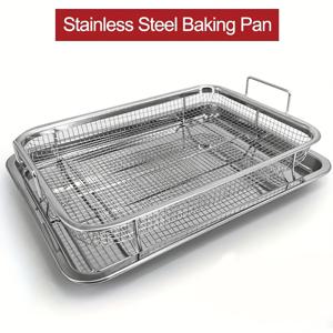 TEMU 에어프라이어, 오븐 및 전자레인지용 내구성 있는 스테인리스 스틸 베이킹 트레이 - 청소하기 쉬운 논스틱 표면의 2개 세트 베이킹 팬 및 그릴 네트|에어프라이어