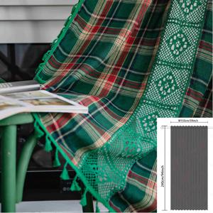 TEMU 1pc 미국 빈티지 그린 플레드 패치워크 홀로우 커튼, 그린 태슬, 크리스마스, 휴일 파티 식사 장식, 주방 거실, 레스토랑 카페 홈 분위기 장식, 조명 필터링 반투명 프라이버시 보호 커튼|커튼봉