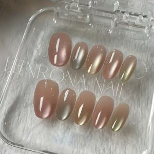 TEMU 10개 세트 핸드메이드 그라데이션 캣아이 프레스온 네일 - 짧은 오벌형 광택 파스텔 핑크에서 그린-골든 옴브레, 재사용 가능 & 쉬운 적용 여성용 네일 아트, 봄 여름 선물