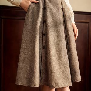 TEMU 여성용 빈티지 우아한 플레어 스커트 - 버튼 프론트 클로저, 구조적 오피스 투 파티 스커트, 사계절 공식 & 캐주얼 의상 - 시대를 초월한 여성복, 다재다능한 워드로브 스타일, 클래식 실루엣, 내구성 있는 제작, 패션 감각 있는 여성, 교회용 스커트, 예배적인 여성 스커트, 긴 우아한 스커트, 여성용 스커트