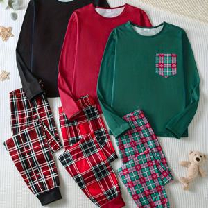 TEMU 2025년 신제품 'Pajamas' 랜덤 2피스 세트, 레드, 블랙, 그린 컬러의 크리스마스용 긴팔, 긴바지, 캐주얼 편안함, 부드러운 원단으로 구성된 3세트 랜덤 포장된 'Pajamas' 세트|잠옷