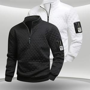 TEMU OBM 남성용 풀 지퍼 헨리 재킷 - 풀 지퍼 클로저, 하프 지퍼 프론트, 세탁기 사용 가능한 폴리에스터 탄성 지퍼 재킷, 체육관, 사무실, 일상용 풀 지퍼 캐주얼 아우터웨어 - 블랙/화이트 (남성 의류) - H-박스 핏, 스타일, 그리고 기능성 포켓이 있는 사계절용 지퍼업 코트, 봄/가을 레이어링