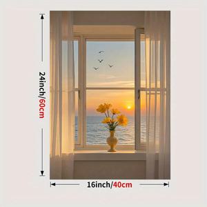TEMU 2D 평면, 무테 해안 일몰 창문 풍경 그림 - 노란 꽃이 있는 열린 창문 바다 풍경 벽 예술, 현대 비치 하우스 장식, 거실, 침실, 사무실용 - 걸기 준비된 캔버스 프린트 바다 풍경 장식, 비치 룸 데코, 고요한 룸 액센트, 생동감 넘치는 컬러 프린트, 내구성 있는 예술 작품, 2D 평면