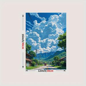 TEMU 2D 평면, 고요한 시골 풍경 캔버스 아트 프린트 - 현대 농가 벽 장식, 시골길, 전선, 집과 산 - 생동감 넘치는 푸른 하늘 - 거실, 침실, 주방용 - 집들이 또는 결혼 선물 - 액자 없는 캔버스 포스터, 역동적인 하늘 이미지