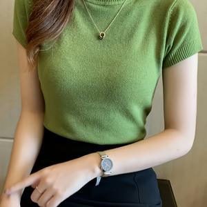 TEMU 여성용 슬림핏 숏 스모크 드레스 - 한국 스타일 반팔 하이넥 블라우스, 솔리드 컬러 숏 탑 봄 여름 가을용, 세탁기 사용 가능 캐주얼 & 세미포멀 웨어|여름원피스|여름블라우스