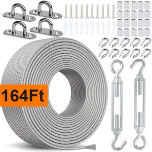 TEMU 5000cm/164ft 304 스테인리스 스틸 케이블 PVC 코팅 - 헤비듀티 야외 스트링 라이트, 캠핑, 정원 트렐리스, 옷걸이 및 쉐이드 세일 하드웨어, 카라비너 & 스위블 후크 포함, 캠핑 필수품, 매끄러운 메탈릭 마감, 내구성 있는 금속 구조