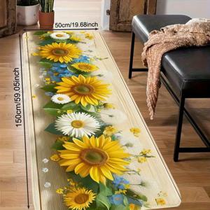 TEMU 1개 주방 장면 바닥 매트, 노란 해바라기와 흰 데이지 꽃 요소 패턴 프린트 매트, 거실, 침실, 주방, 걸이용 매트, 요가 매트, 싱크대 지역, 공부방, 식당, 욕실, 호텔, 홈 복도에 적합, 크리스마스와 추수감사절에 완벽