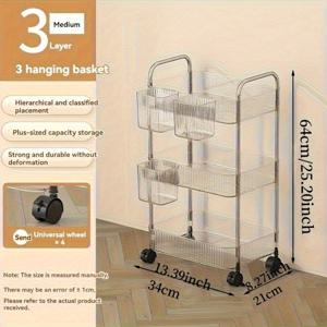 TEMU 투명 스토리지 카트, 3/4단 멀티펑셔널 정리대 - 3/4개의 걸이 바구니 포함, 듀얼 메탈 핸들 아크릴 소재, 360° 회전 가능, 내구성 있는 모던 디자인, 욕실 및 주방용, 침실 수납용, 휴대 가능한 대용량 트롤리, 현대적인 디자인|화장품정리함