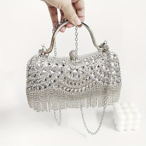 TEMU 우아한 여성용 이브닝 클러치 태슬 & 라인스톤 장식 - 탈착 가능한 체인 스트랩, 기하학 패턴, 나일론 소재, 결혼식, 파티 및 공식 행사에 완벽, 파티 액세서리 | 기하학 패턴 가방 | 나일론 클러치