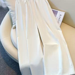 TEMU 여성용 하이웨이스트 와이드 레그 팬츠, 탄성 허리 & 버튼 디테일 - 캐주얼 루즈핏, 사이드 포켓, 봄 여름 가을용 통기성 소재, 화이트, 하이웨이스트 팬츠, 계절 패션, 드레이피 소재