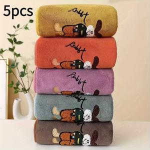 TEMU 2025 봄/여름 신상품, 대형 사이즈 5색 세트, 5개입, 3개 빠른 건조 흡수 핸드타월, 35x75cm, 귀여운 토끼 자수, 부드러운 고밀도 얼굴타월, 욕실용|수건