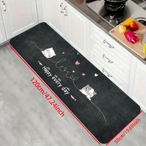 TEMU 1개 미끄럼방지 주방 욕실 매트 - 귀여운 고양이 얼굴 & 하트 웰컴 매트, 블랙 현관 매트, 세탁실용, 아파트용 - 청소 쉬운 실내 도어매트, 펫러버를 위한 하트 패턴, 부드러운 질감, 홈 데코레이터