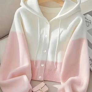 TEMU 루즈 캐주얼 가을 겨울 여성 후드 카디건 스웨터 핑크 패치워크 탑