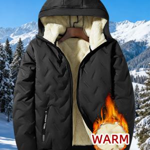 TEMU 남성 캐주얼 후드 재킷 | 블랙 퀼팅 디자인, 플리스 안감, 루즈핏, 지퍼 클로저, 긴소매, 섬유 충전재, 포켓 및 드로스트링 후드, 겨울철 따뜻함에 이상적