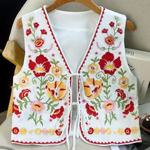 TEMU 여성용 꽃 자수 민소매 조끼 - 검정색에 생생한 빨강/주황/노랑/분홍/초록, 조절 가능한 레이스업 프론트, 세탁기 사용 가능 가벼운 상의 봄 여름 가을 캐주얼 웨어, 봄 패션, 에스닉 스타일 의류|민소매