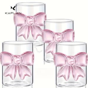 TEMU KAPLAN 대형 리본 유리 컵 4개 세트, 라이트 럭셔리 핑크 빅 리본, 고 붕규산 유리 컵, INS 스타일 투명 내열 유리, 홈 콜드 드링크에 적합, 크리스마스, 추수감사절 선물로 이상적