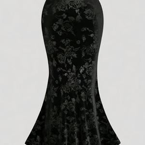 TEMU 우아한 블랙 벨벳 플로랄 프린트 머메이드 스커트 - 하이웨이스트, 바디콘 핏과 러치 디테일, 봄/여름/가을에 다용도, 공식 행사 및 정장에 완벽, 플로랄 프린트 스커트|벨벳 질감