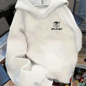 TEMU Y2K 스타일 듀얼 매치 그래픽 후드티 - 흰색 캐주얼 긴팔 풀오버, 검은 고양이 디자인 및 '듀얼 매치' 텍스트, 재미있는 일본어 문구, 가벼우며 세탁기 사용 가능, 봄/여름/가을에 완벽한 캐주얼 웨어 후디 | Y2K 패션 후디 | 기계 세탁 가능한 후디