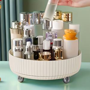 TEMU 360° 회전 화장품 & 정리함 - 다층 선반 및 흰색 받침대 포함, 공간 절약형 욕실/화장대/사무용 수납함 - 내구성 플라스틱, 전기 불필요, 골드 금속다리 - 메이크업, 세면도구, 소품 보관에 이상적, 쉬운 청소 표면, 모던 디자인