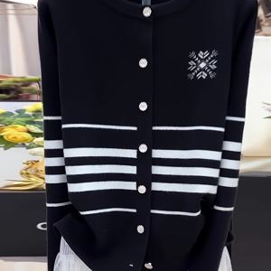 TEMU 여성용 시크한 스웨터 가디건 - 블랙 & 화이트 버튼 프론트 스웨터, 봄/가을 전환기 날씨를 위한 릴랙스핏 롱라인 카디건, 오피스 및 캐주얼 의상 - 비침 방지 스웨터, 스웨터 카디건, 봄 가을 액세서리, 버튼업 프론트, 내구성 있는 니트웨어