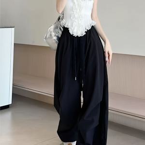 TEMU 여성용 홀 레이스 패치워크 오버올, 캐주얼하고 세련된 디자인, 부드러운 레이스 장식, 조절 가능한 밴딩 허리, 사이드 포켓, 편안한 루즈핏, 봄·가을에 적합한 팬츠|여름바지