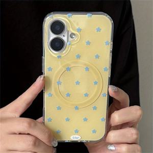 TEMU 아이폰 모델 16, 15, 14, 13, 12, 그리고 11 플러스 프로 맥스용 귀여운 블루 스타와 옐로우 마그네틱 폰 케이스, 무선 충전 기능이 있는 매력적인 대조 색상의 소프트 범퍼 디자인|아이폰케이스