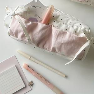 TEMU 1개 핑크 리본 연필 케이스 - 귀여운 소프트 패브릭 수납 가방, 학교/여행/사무실용 내구성 있는 메이크업 & 화장품 정리함, 학생 및 전문가, 연필 파우치, 재미있는 디자인, 튼튼한 지퍼 클로저