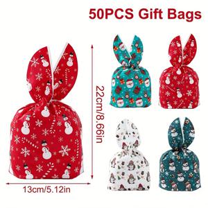 TEMU 50개 스타라이즈 크리스마스 토끼귀 선물백 - 빨간색, 찢어짐 방지 폴리프로필렌 백, 파티 용품, 사탕, 선물용 - 휴일 장식 소품 (50개입), 시즌별 간식 포장, 재미있는 디자인, 내구성 있는 소재, 이벤트 정리함, 크리스마스 데코