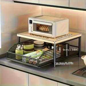 TEMU 공간절약형 주방 정리대 - 서랍 & 오픈 와이어 바스켓 포함, 내구성 강한 캐스트 아이언 스타일 금속 구조, 컴팩트 카운터탑 선반 (커피메이커, 전자레인지, 양념류, 주방용품 보관), 무전원 사용 가능, 모던 디자인, 아파트 및 사무실 주방 필수품, 현대적 설계, 견고한 제작