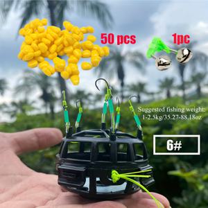 TEMU 자동 플립 낚시 세트 (실리콘 옥수수 50개 포함) - 각 6개의 미끼 트레이, 내구성 있는 ABS 소재, 잉어 및 크루시안 잉어용 카본 스틸 훅 - 블랙 컬러, 준비된 낚시 장비, 케이지 구조, 오래 지속되는 튼튼함