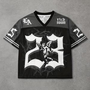 TEMU 남성용 블랙 & 퍼플 LA 로고 & 숫자 23 그래픽 프린트 운동용 저지 - 루즈핏 V넥 티셔츠, LA 레터링 & 숫자 23 디자인