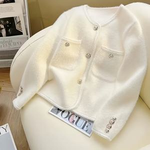 TEMU 여성용 우아한 화이트 프렌치 가디건 - 골드톤 버튼, 부드러운 루즈핏 긴팔 라운드넥 겨울코트, 고급스러운 텍스처와 중간 수준의 신축성, 캐주얼과 포멀웨어에 활용 가능한 1색상 이너 & 외피 레이어링, Front Button Closure로 완성된 사계절형 니트웨어, 사무실복으로 적합