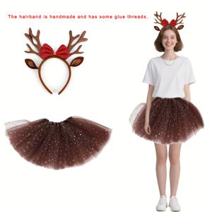 TEMU 2개 세트 크리스마스 코스튬, 순록 뿔 머리띠와 튜튜 스커트 포함, 동물 복장 산타 생일 파티 할로윈 크리스마스 사파리 캐릭터 의상