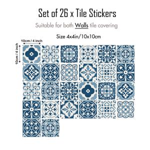 TEMU 26개 포르투갈 아줄레호 타일 스티커 - 전통 모로코풍 꽃무늬 기하학 패턴, 접착식 방수 주방 백스플래시 및 욕실 벽 장식, 쉬운 설치, 절단 불필요, 블루 & 화이트 포르투갈 스타일 - 홈 데코 바닥재, 클래식 디자인, 내구성 비닐, DIY 애호가를 위한 장식용 타일