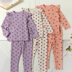 TEMU 여아용 가을 겨울 패션 캐주얼 귀여운 레이디 나비 소매 멀티컬러 멀티피스 세트, 하트, 체리, 리본 프린트, 야외 활동에 완벽|여아한복