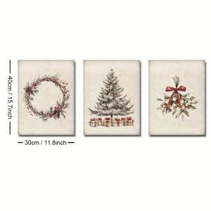 TEMU 2D/플랫 3피스 세트 무테 빈티지 크리스마스 화환 소나무 러스틱 포스터 X마스 페스티벌 벽 예술 캔버스 프린트 팜하우스 코티지코어 장식 겨울 휴일 레트로 페인팅 아파트, 거실, 침실용 모던 홈 데코