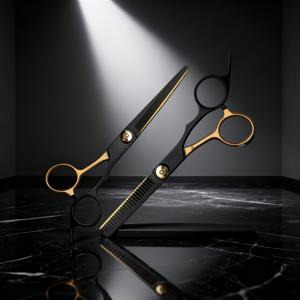 TEMU 2개 세트 헤어 가위, 전문가용 탈모 가위 포함, 홈 트리밍을 위한 특별한 평면 마법 가위, 독특한 블랙-골드 디자인과 다기능 기능