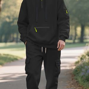 TEMU 남성용 스타일리시 블랙 후드 지퍼업 스웨트셔츠 & 조거 세트 - 캐주얼 스포츠웨어, 포켓, 루즈핏, 긴팔, 신축성 없는 원단, 가을/겨울에 완벽, 캐주얼 스포츠웨어|후드 스웨트셔츠|지퍼업 후디|스포츠