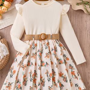 TEMU 여아용 빈티지 플로럴 프린트 긴팔 드레스 벨트 허리 - 포근한 가을/겨울 의상, 화이트에 오렌지 & 그린 꽃무늬 디자인, 루즈핏 주름 스커트, 캐주얼 또는 정장 행사에 완벽, 가을 겨울 액세서리, 레트로 스타일, 내구성 있는 원단