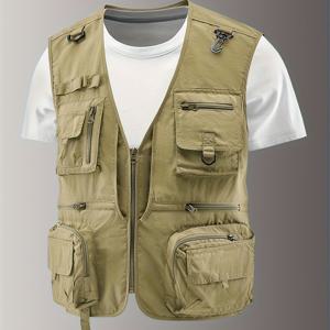 TEMU 남성용 경량 퀵드라이 전술 조끼 - 슬리브리스 아웃도어 조끼, 하이킹/낚시/사진 촬영용 | 내구성 있는 논스트레치 원단, 레귤러 핏, 봄/가을 캐주얼 웨어, 통기성 소재