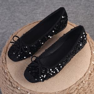 TEMU 여성용 스퀘어 토 슬립온 신발 리본 디테일 - 블랙 시퀸 플랫 슈즈, 패브릭 어퍼 & PVC 솔, 사계절 캐주얼 및 포멀웨어용, 사이즈 35-43, 레이디스 슈즈