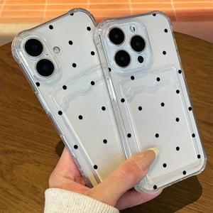 TEMU 아이폰 16 프로 맥스/15/14/13/12/11 호환 폴카 도트 패턴 투명 카드 슬롯 휴대폰 케이스, 핸디 네 코너 에어 쿠션 신상 트렌디한 디자인 감성 남녀 공용 고품질 보호 소프트 케이스